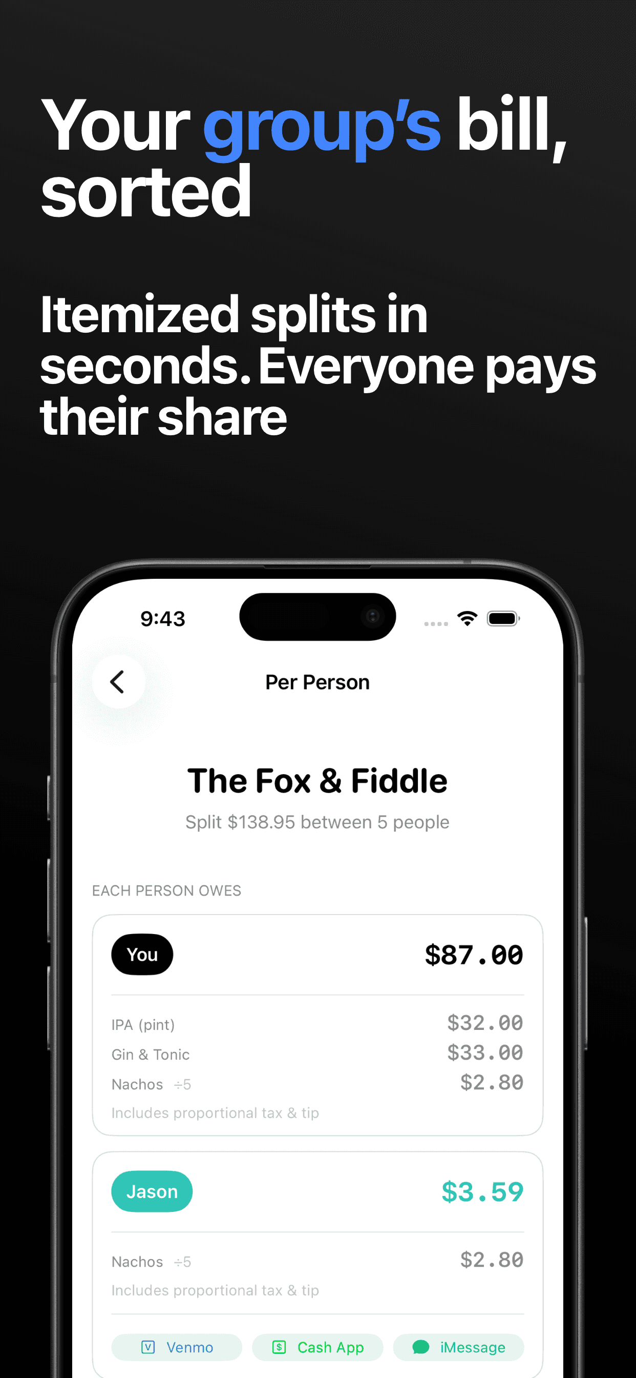 Divvy per-person breakdown of a group dinner bill with one-tap payment requests