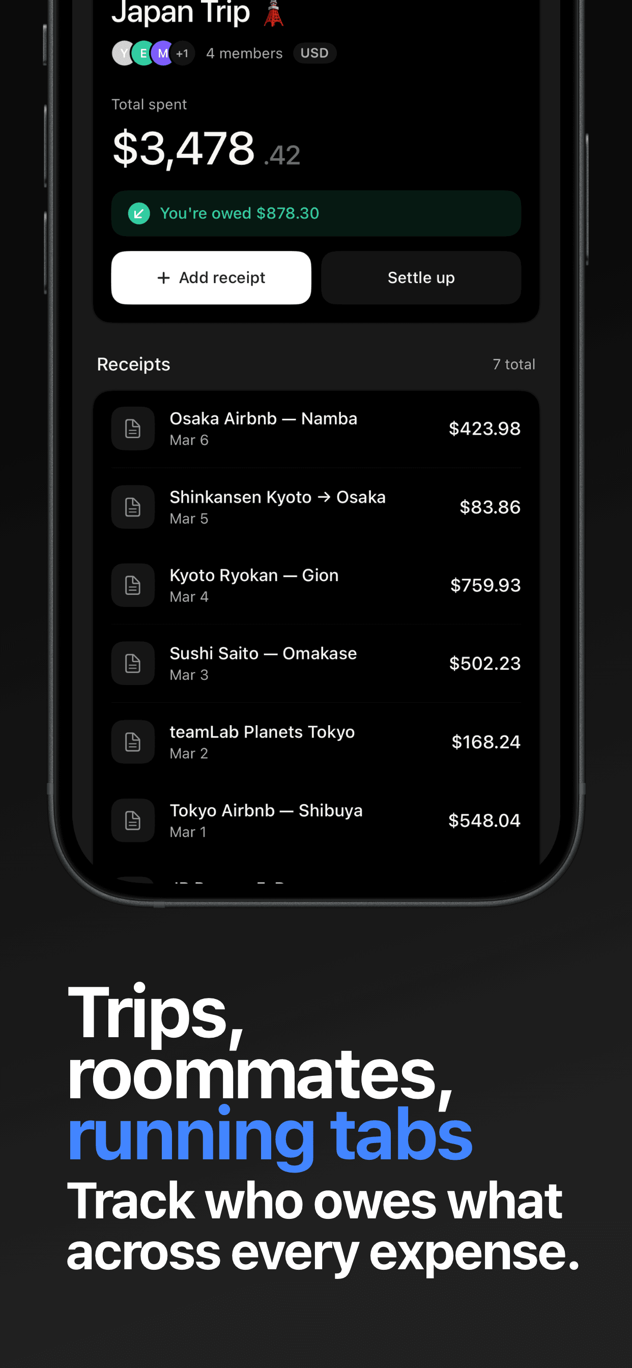 Divvy trip group showing total spent, running balance, and a list of scanned receipts from a Japan trip