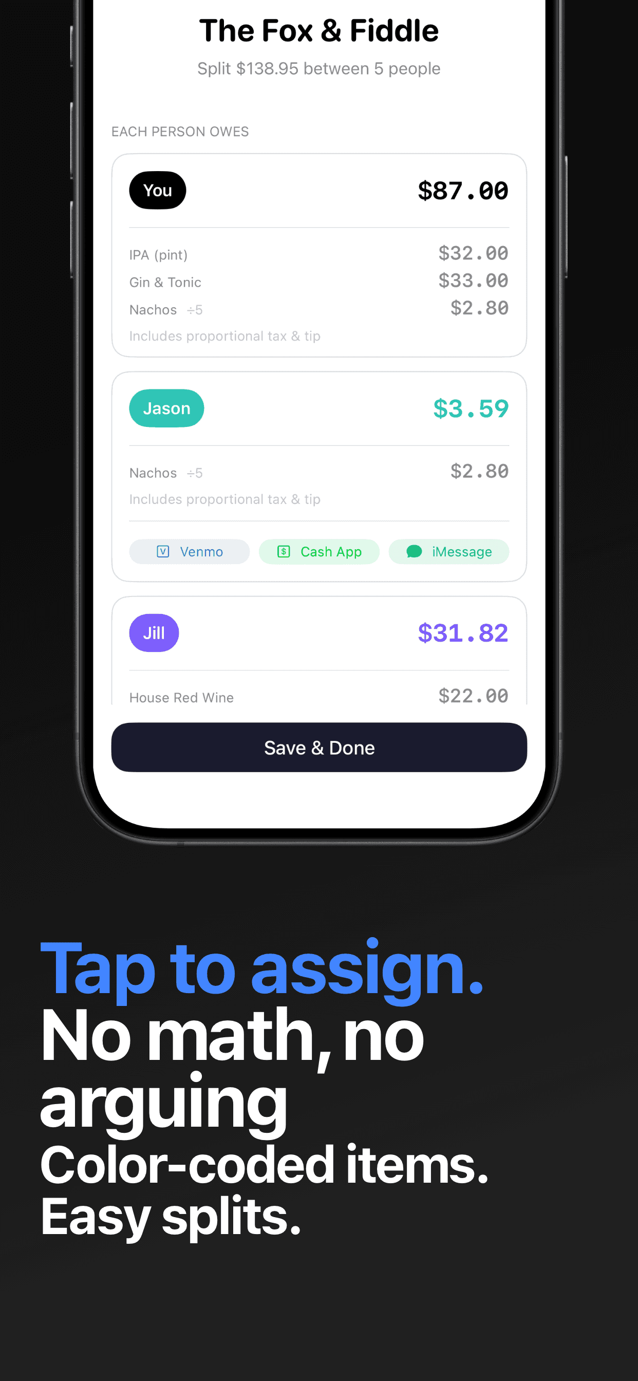 Divvy app splitting a restaurant bill by item, with color-coded items assigned to each person