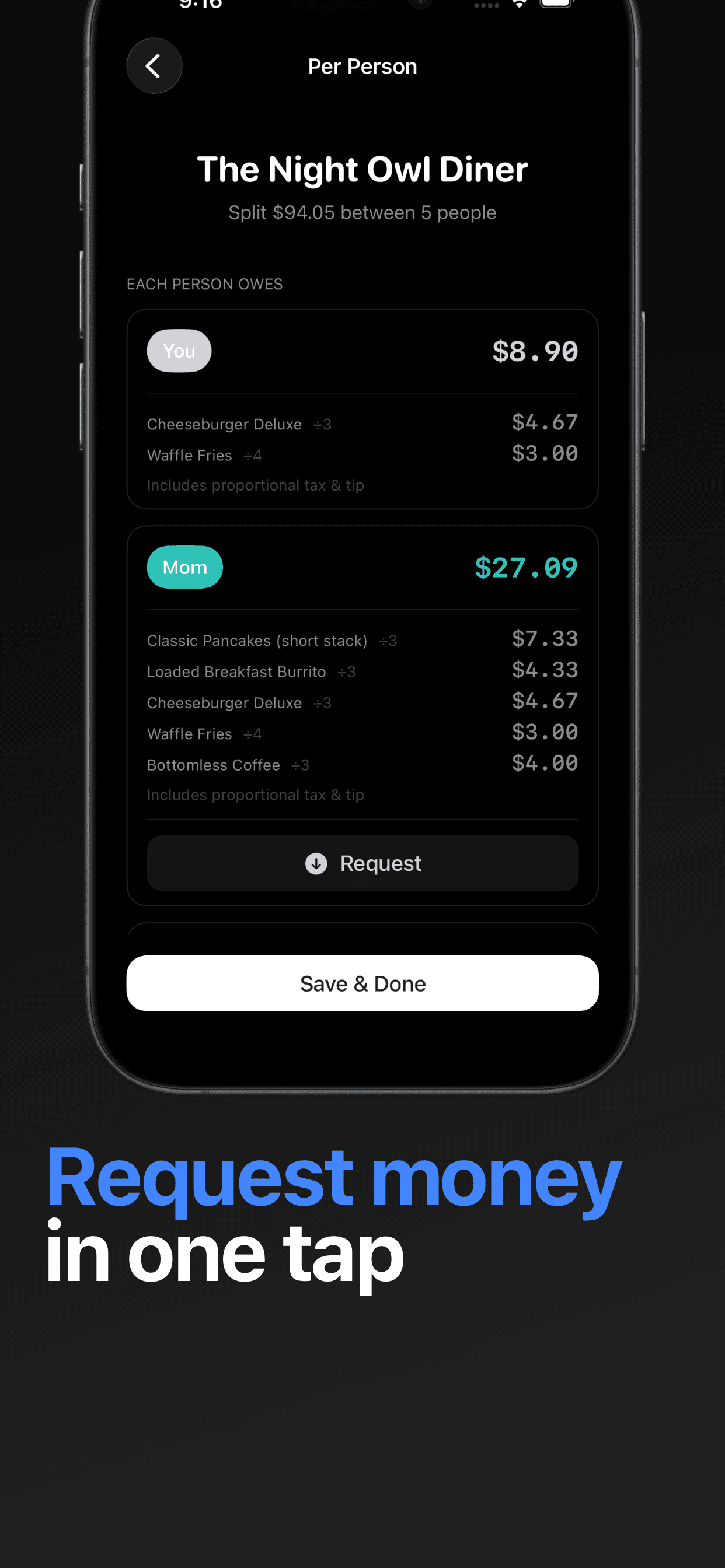 Divvy per-person view with a one-tap Request button to collect what each person owes