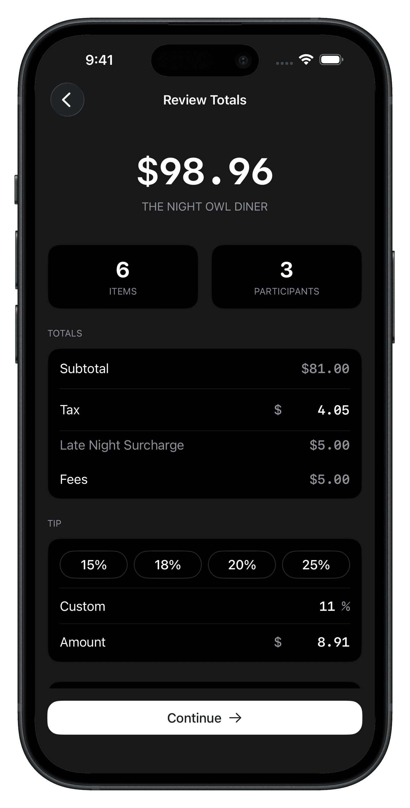Divvy's Review Totals screen showing the subtotal, tax, fees, and tip split across three people