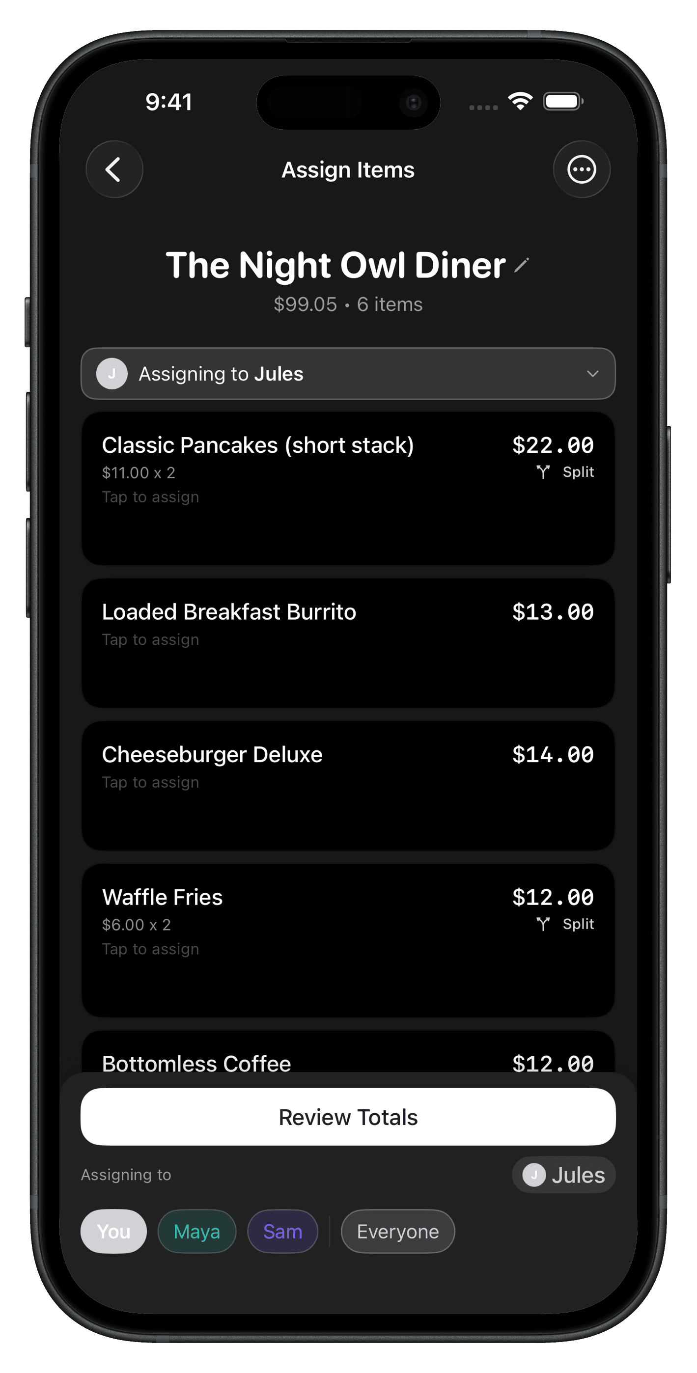 Divvy's Assign Items screen showing a diner receipt where each item is tapped to a person