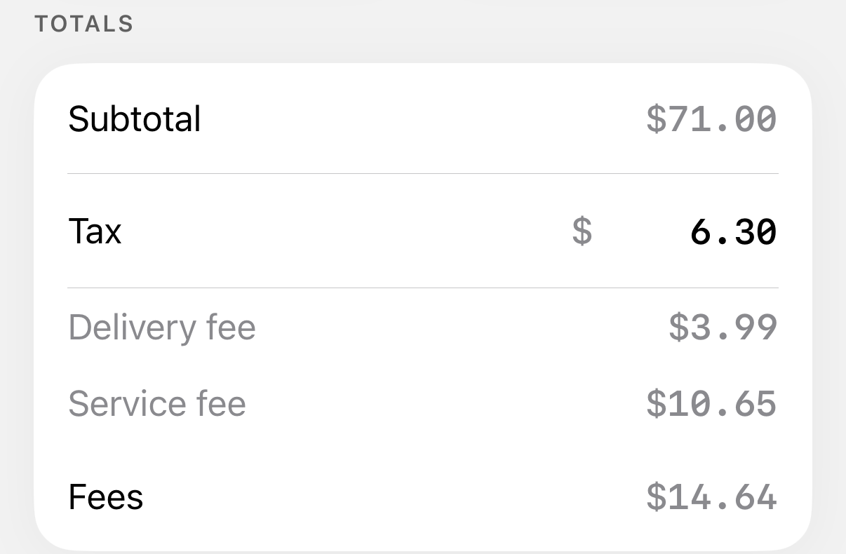 Divvy Review Totals screen for this order showing subtotal $71.00, tax $6.30, delivery fee $3.99 and service fee $10.65